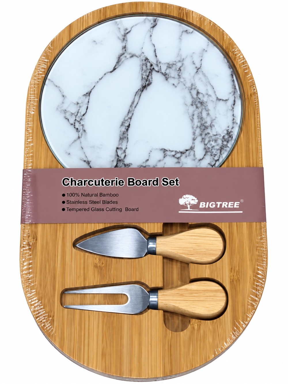 BIGTREE Bamboo Charcuterie Board with White Marble-Patterned Glass Insert